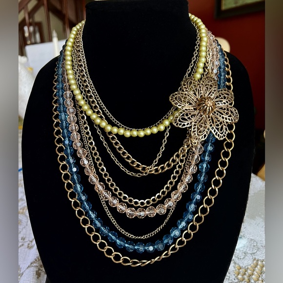 Vintage Multi Strand Statement Necklace w/Floral Openwork Ornament - Picture 2 of 7